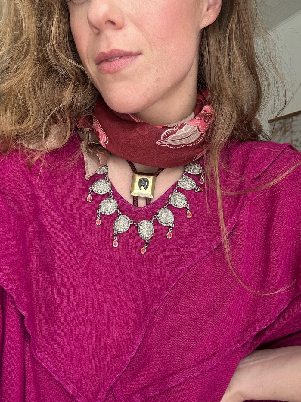 Silver-Tone Red Accent Medallion Necklace